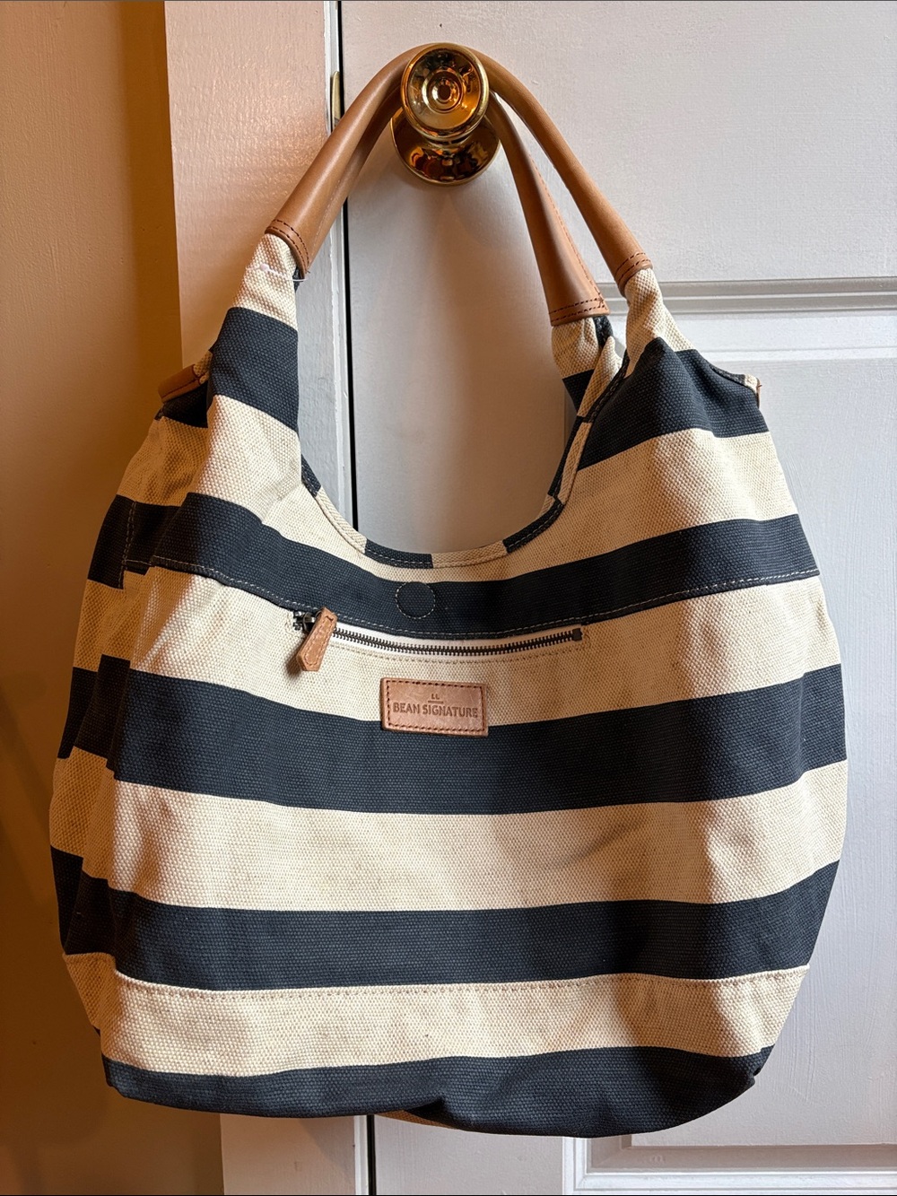 Canvas Striped Tote with Tan Leather Handles - Black & Cream